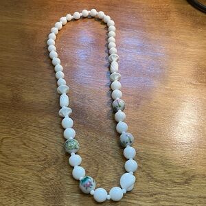 Vintage White Beaded Necklace with Hand-painted Beads